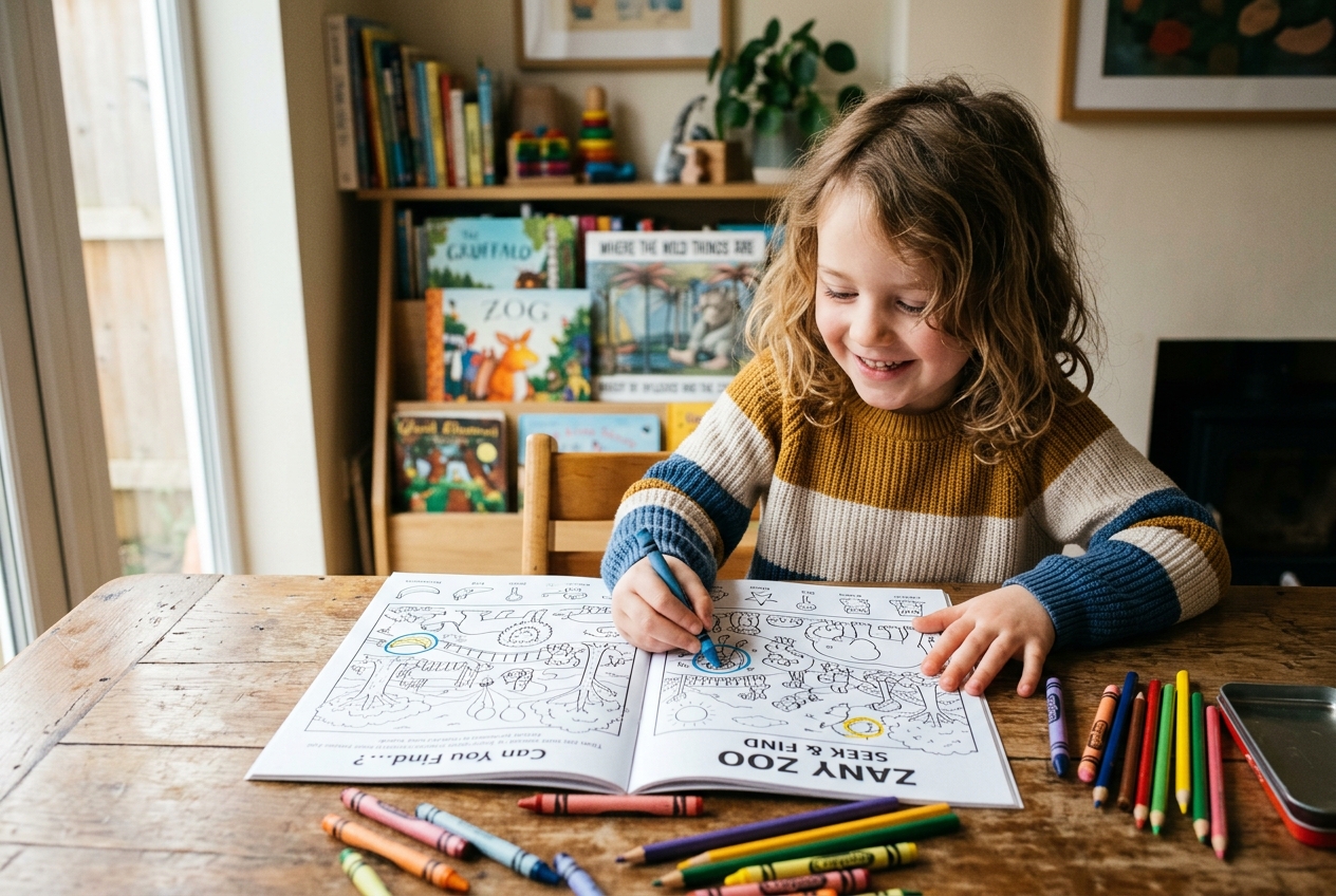 Young child engaged in seek-and-find coloring book
