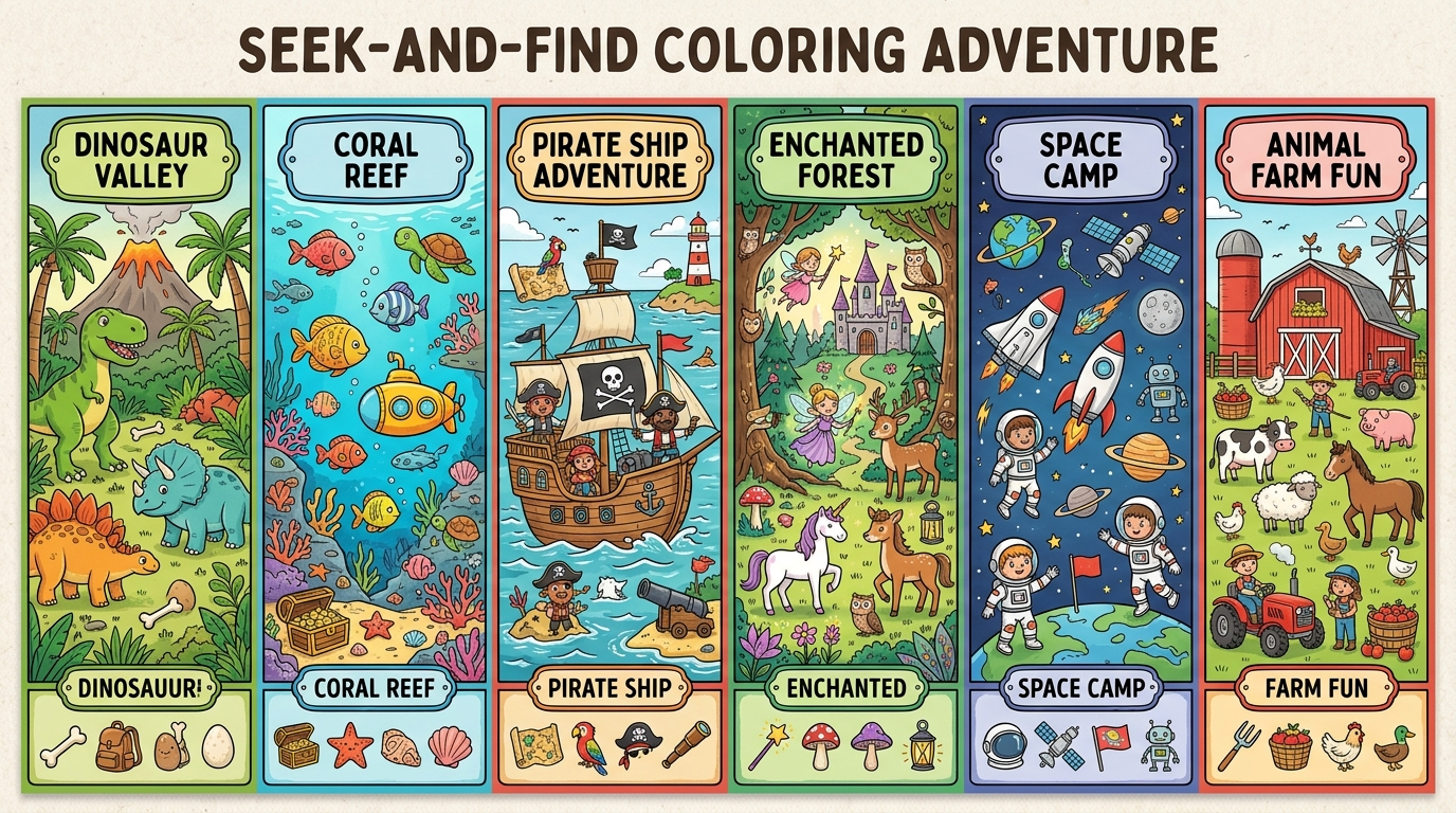 Seek-and-Find Coloring Adventure Worlds — Dinosaur Valley, Coral Reef, Pirate Ship, Enchanted Forest, Space Camp, Animal Farm